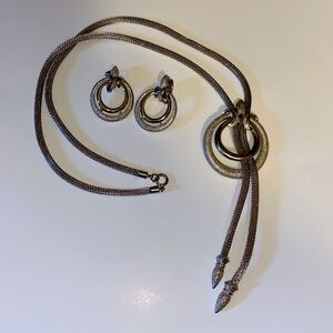 Crown Trifari Silver tone Faux Lariat Necklace and Earring Set with Fleur de Lis